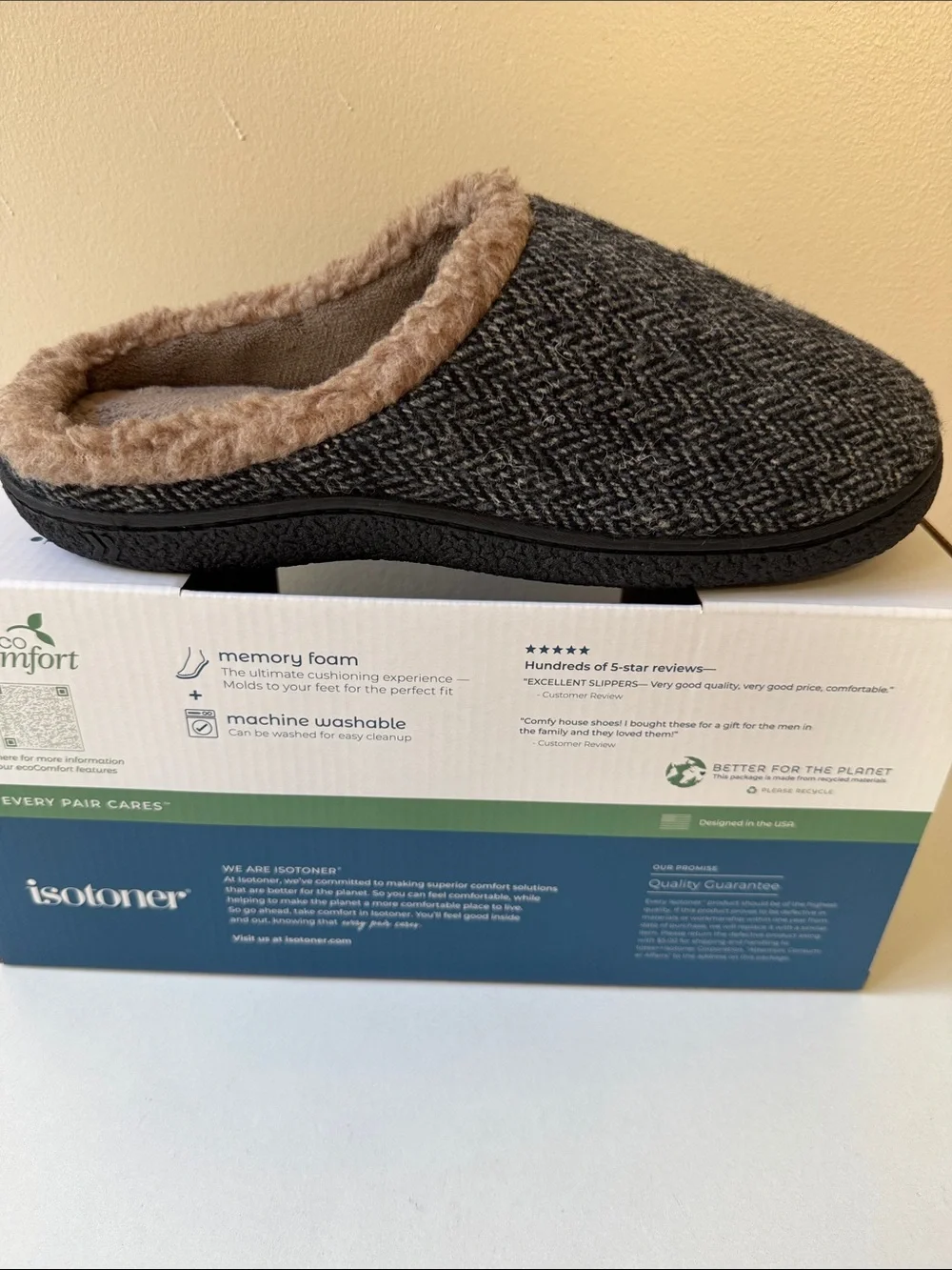 Isotoner Men Herringbone Memory Foam Slip-On Slipper w/Faux-Fur Lining 9.5-10.5